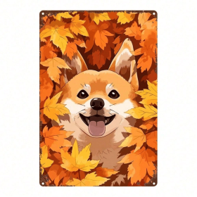 CIFbuy Cute Shiba Inu Metal Sign Autumn Leaves Dog Plaque Sturdy Tin Wall Art Home Decor Kitchen Bedroom Bar Restaurant 2D Flat TikTok, TikTok
