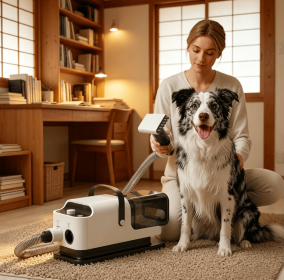 A pet grooming vacuum cleaner and dryer, designed for dog grooming needs. Features a white pet hair dryer with 2800W (4.3 hp) output