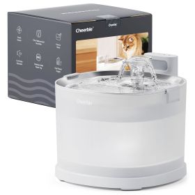 Cheerble Pet Fountain Elfin E1+, Battery Operated Pumpless Water Dispenser with Stainless Steel Tray for Indoor Cats, 2 Liters