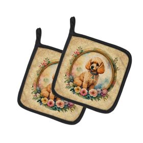 Poodle and Flowers Pair of Pot Holders Kitchen Heat Resistant Pot Holders Sets Oven Hot Pads for Cooking Baking BBQ, 7 1/2 x 7 1/2