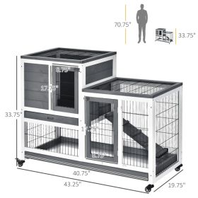 Wooden Rabbit Hutch Elevated Bunny Cage Indoor Small Animal Habitat With Enclosed Run With Wheels, Ramp, Removable Tray For Rabbits, Chickens, Ducks, (Option: Gray and White)