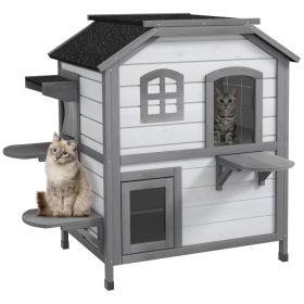  2-story Cat House Outdoor, Weatherproof Wooden Cat Enclosure for Feral Cats with Escape Door, Openable Roof, Jumping Platforms, White (Option: White-890x740x157 mm)