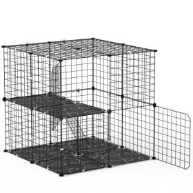 1Pc 2Tier Cat Cage Playpen Indoor Pet Enclosures Kitten Kennel House Detachable Cat Crate With Climbing Ladder 2 Doors For 1 To 2 Cats For Ferret Squi (Option: Black)
