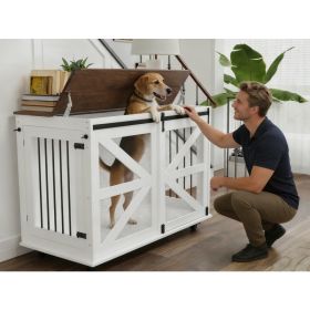 47.2 Mobile Dog Crate With Flip-Top Feeding Door, Dual-Access & 5 Caster System 2 Locking, Side Hooks - Multi-Functional Pet Kennel,double Dog Crate F (Option: Brown white)