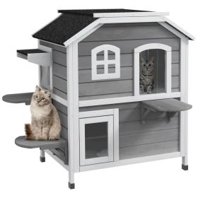  2-story Cat House Outdoor, Weatherproof Wooden Cat Enclosure for Feral Cats with Escape Door, Openable Roof, Jumping Platforms, Gray (Option: Gray-880x730x160 mm)