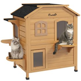  2-story Cat House Outdoor, Weatherproof Wooden Cat Enclosure for Feral Cats with Escape Door, Openable Roof, Jumping Platforms, Natural (Option: Natural Wood-880x730x160 mm)