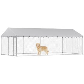 Heavy Duty Outdoor Dog Kennel With Waterproof Roof, 2 Secure Latches, Chain Link Dog Run For Backyard, 20' X 10' X 7'For Multiple Packages, Please Pay (Option: Silver)