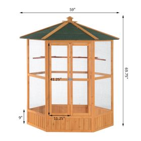 PawHut 69 Wooden Hexagonal Outdoor Aviary Flight Bird Cage With Covered Roof, BrownFor Multiple Packages, Please Pay Attention To The Detailed Dimensi (Option: Natural Brown and Green)