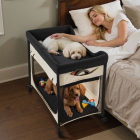Elevated Lounge Pet Bed, Foldable Bunk Dog Bed With 600D Oxford Cloth And Dutch Velvet, Portable Raised Cot With Wheels, Side Storage Bags, And Carry (Option: Beige)
